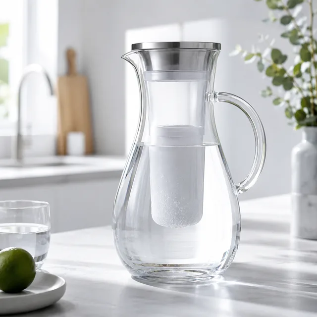 Carafe filtrante en verre remplie d'eau limpide sur un plan de travail