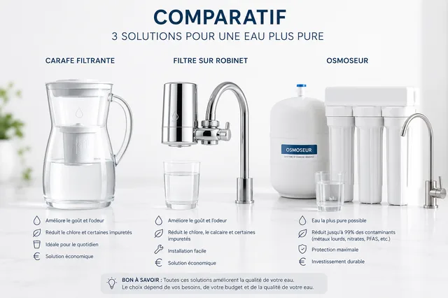 Comparatif visuel des solutions de filtration d'eau : carafe, filtre robinet et osmoseur