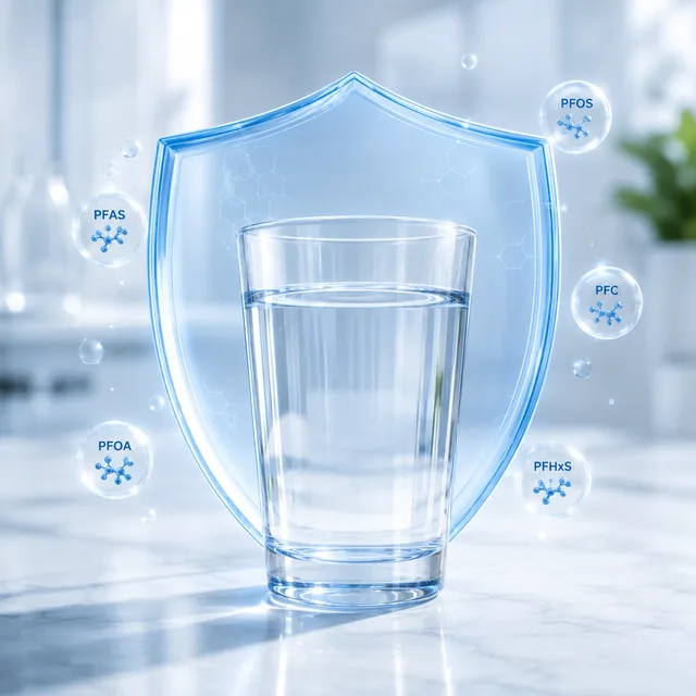 Verre d'eau pure protégé des PFAS par un bouclier symbolique