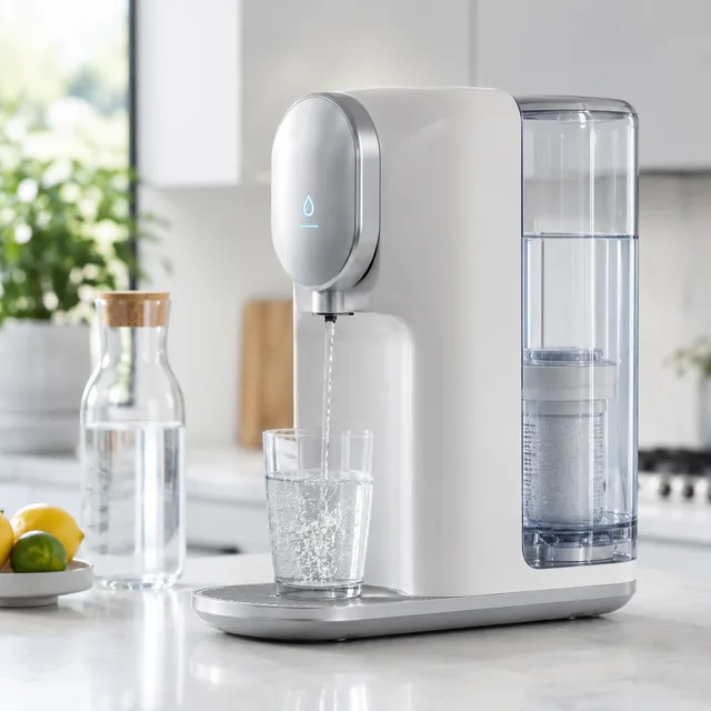 Purificateur d'eau de comptoir moderne distribuant de l'eau cristalline