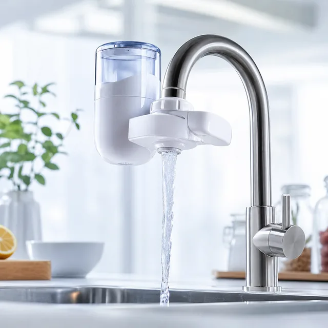 Filtre à eau monté sur un robinet de cuisine, eau filtrée qui coule