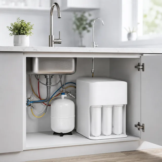 Système d'osmose inverse installé sous un évier de cuisine
